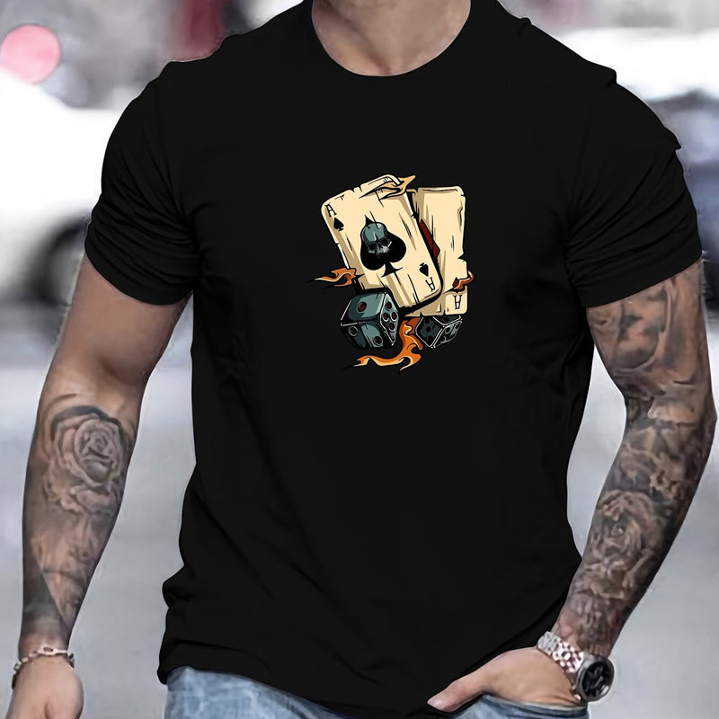 Men's Poker Card Pattern Summer Casual Crew Neck Short T-Shirt.