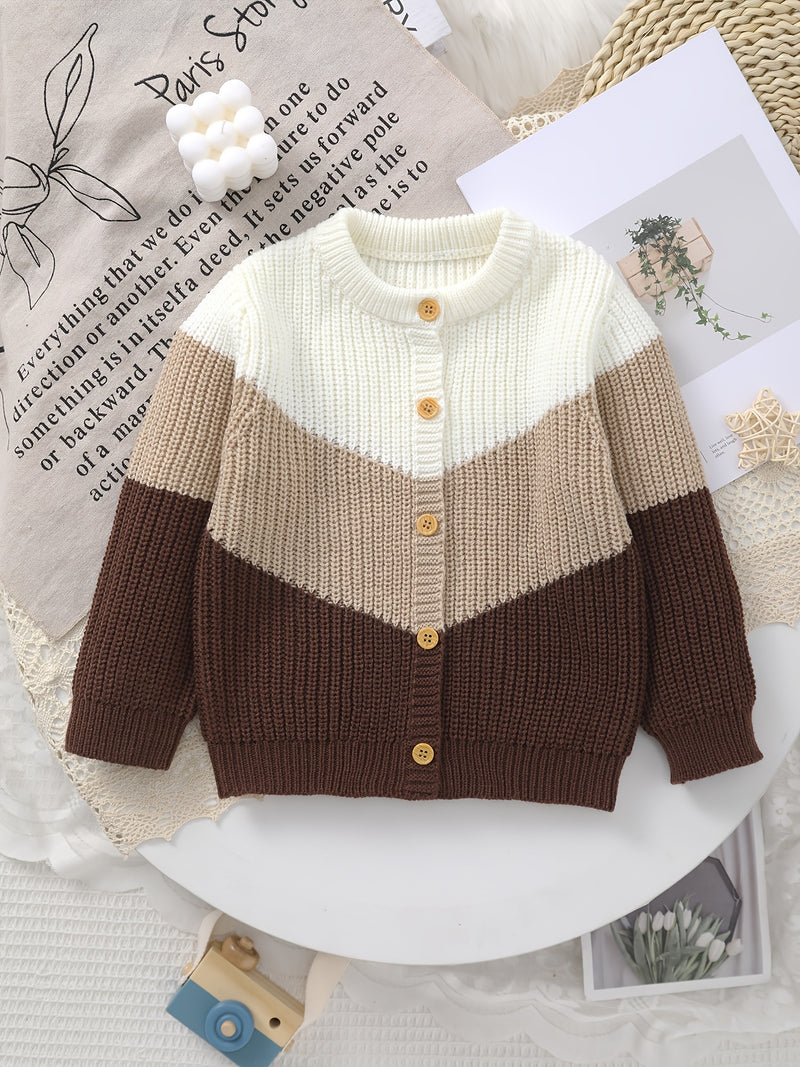 Baby Retro Tricolor Color Blocking Knitted Cardigan.