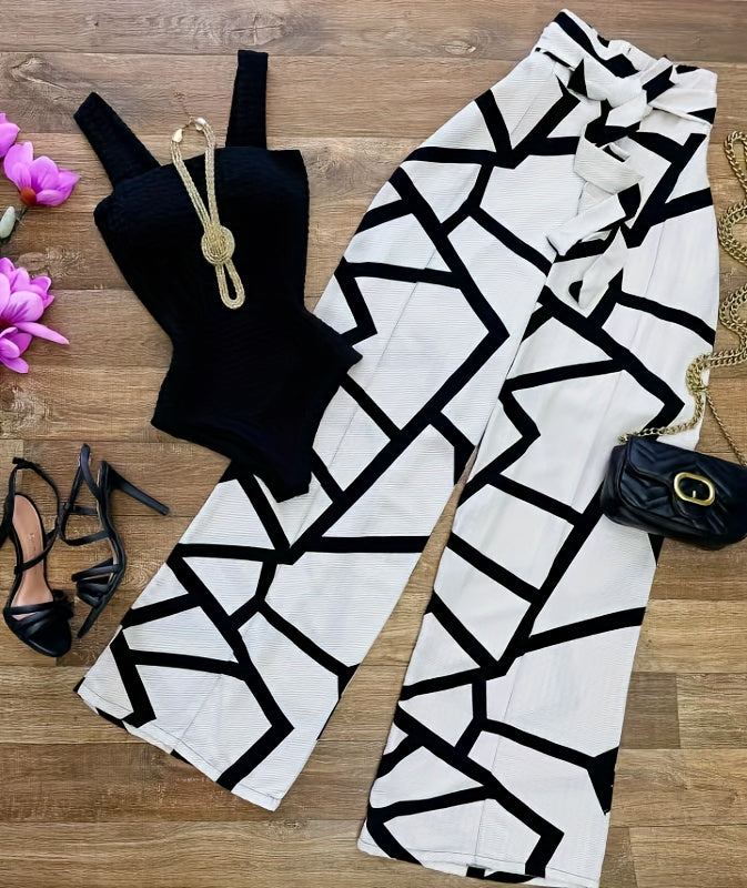 Women’s Black Elegant Sleeveless Waist-Defining Jumpsuit Plus Black And White.