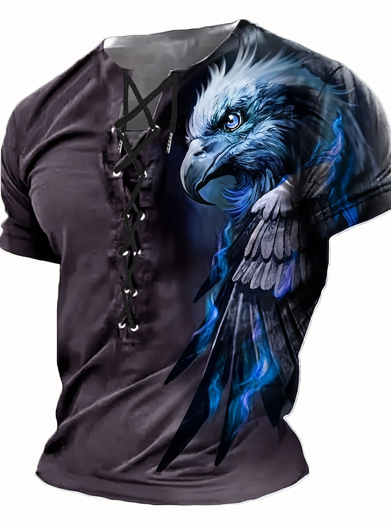 Men's Casual Henley Shirt - Red, Blue, Green, Yellow, Cyan Eagle Print Tie-Back.