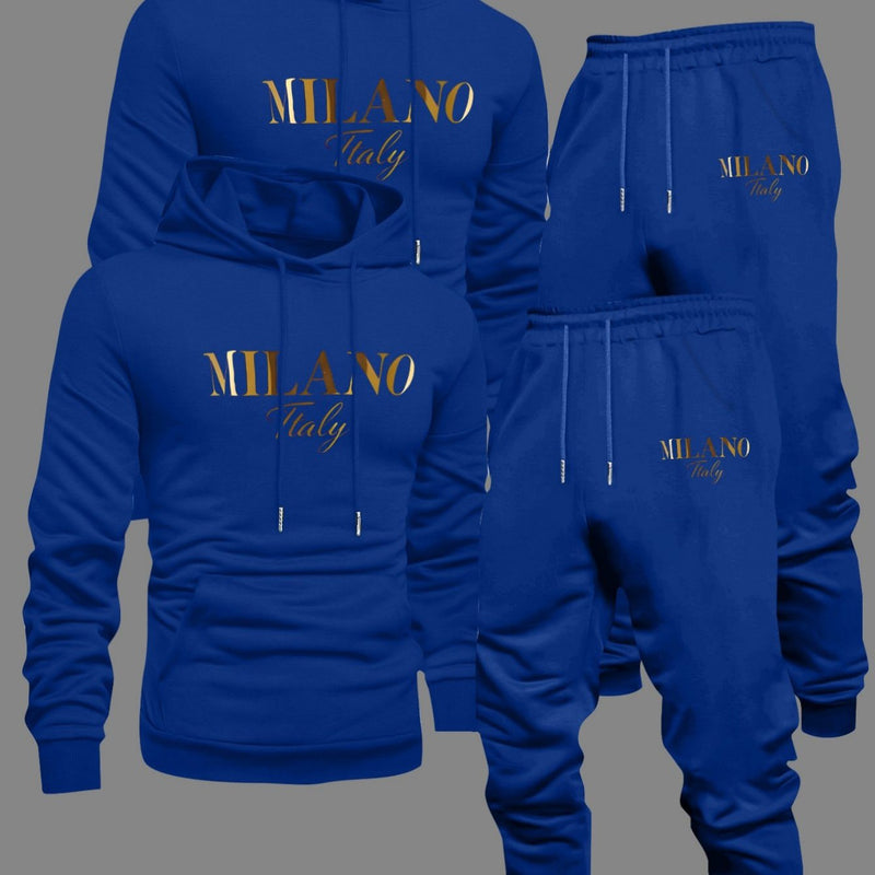 Men's Fashion Slogan Hoodie Four-Piece Set with Drawstring Elastic.