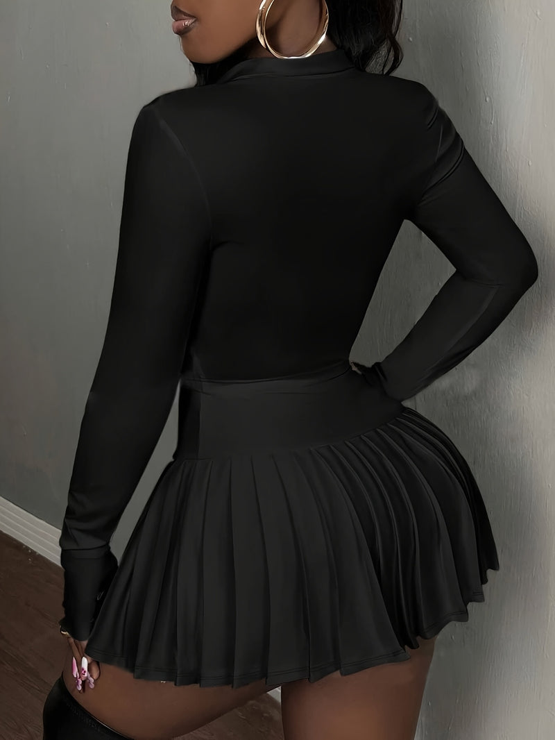 2pcs Women'S Casual V-Neck Zip-Up Top And Pleated Mini Skirt Set.