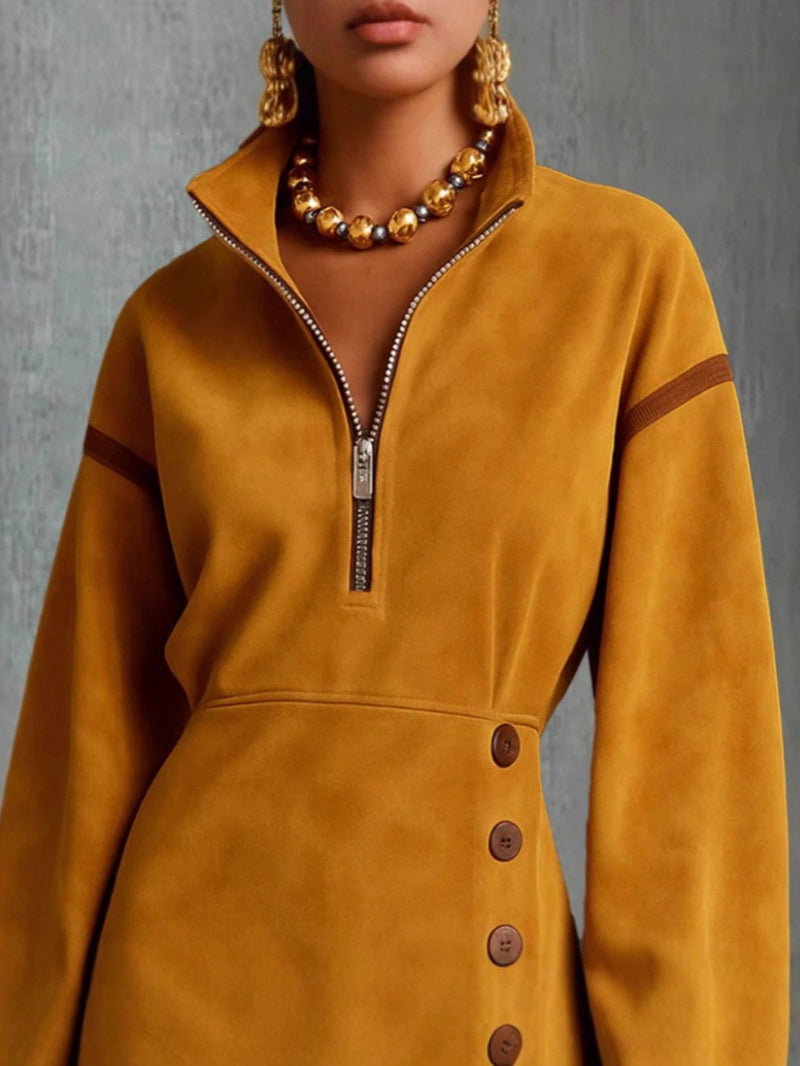 Women’s New Arrival Yellow High-Neck Button-Up Mini Dress.