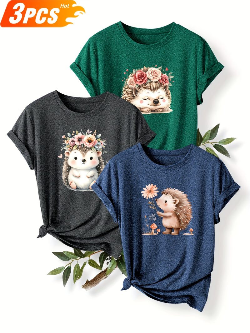 3pcs Women's Cute Hedgehog Graphic T-Shirts.