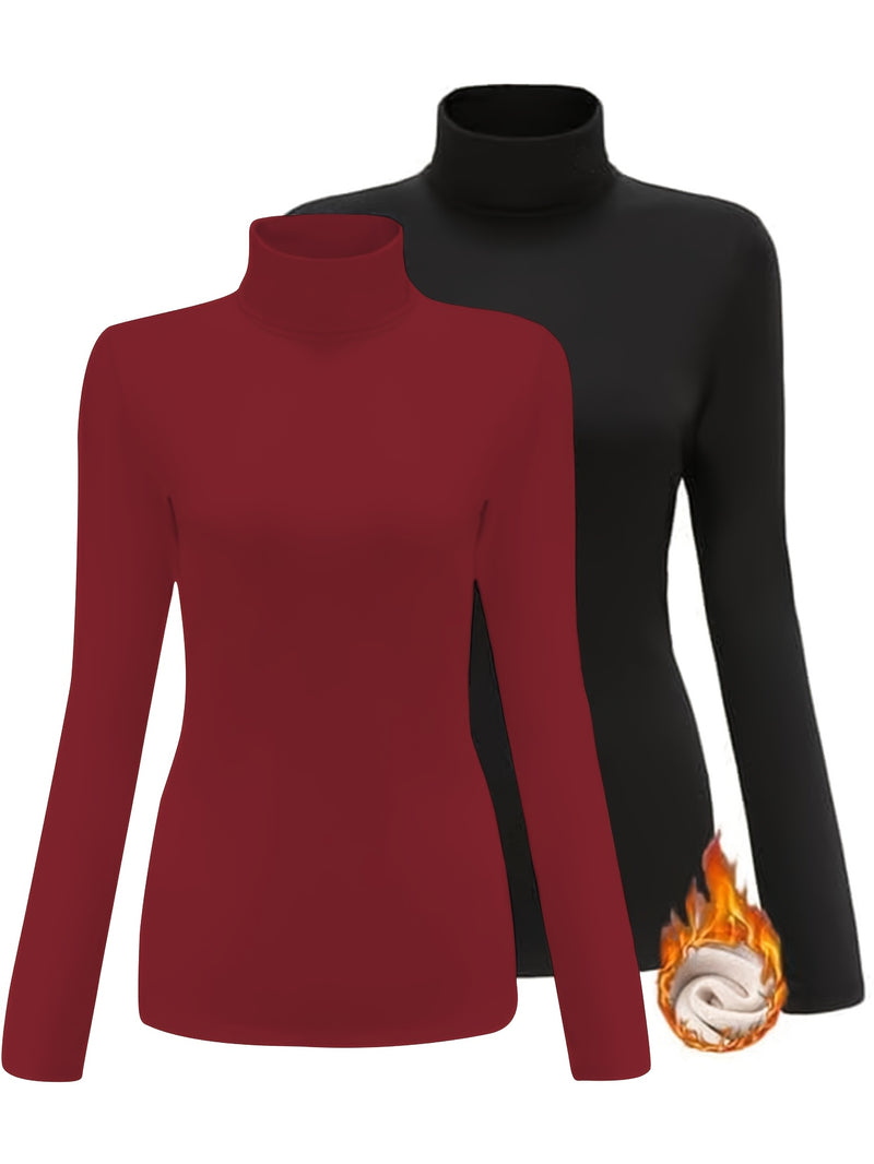 Women's High Collar T-Shirt Autumn And Winter Fleece Lining Warm Long-Sleeved.
