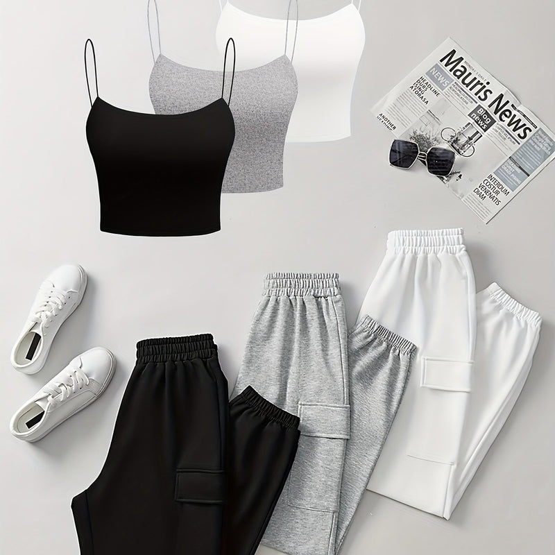6pcs Women's Casual Short Camisole And Elastic Waist Pocket Work Pants.