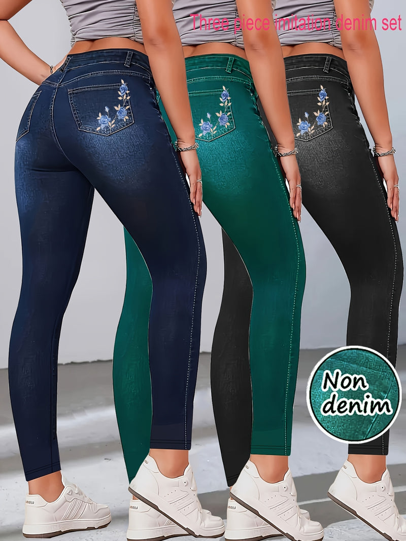 Women’s New Three-Piece Set Featuring Faux Denim-Style Prints.