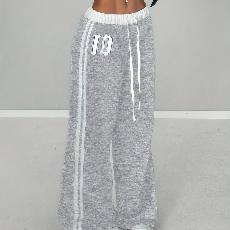 Women'S Color Block Number Print Belt Stitching Casual Street Loose Long Pants.