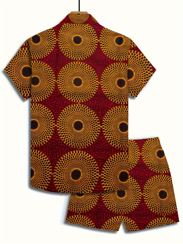 Men's Casual Ethnic Print Button-Up Shirt & Drawstring Shorts Set.