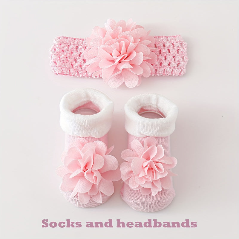 A Set of 1 Pair of Baby Flower Socks Along with a Baby Mesh Headband.