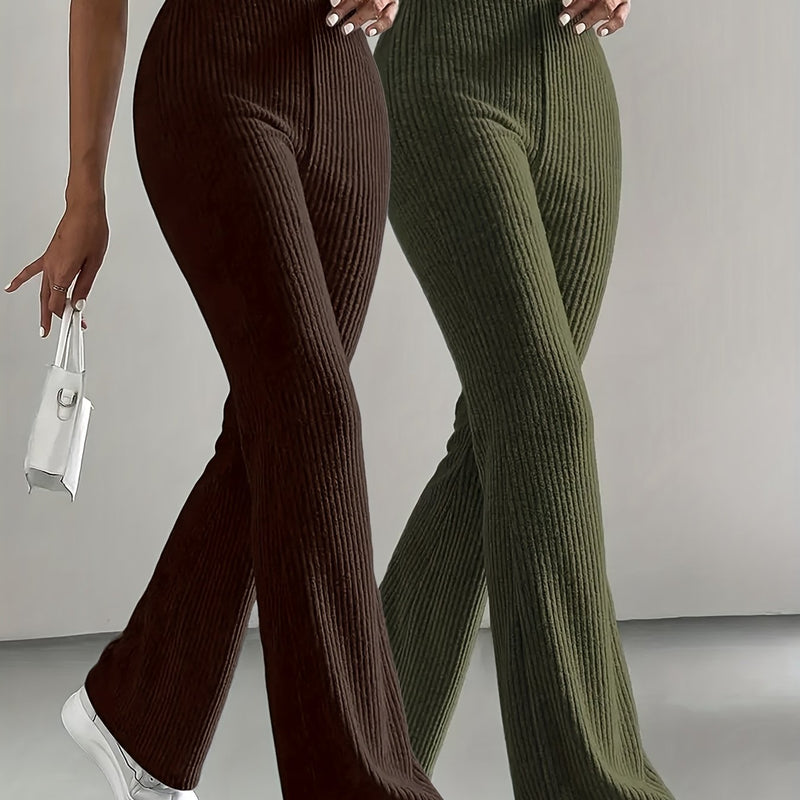 Women’s 2pcs Set Ribbed Simple Striped Casual Solid Color Straight-Leg Wide-Leg Pants.
