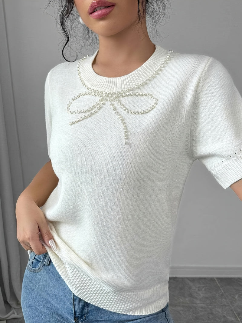 Women's Plus Size Elegant Beaded Bow & Short Sleeve Blouse.