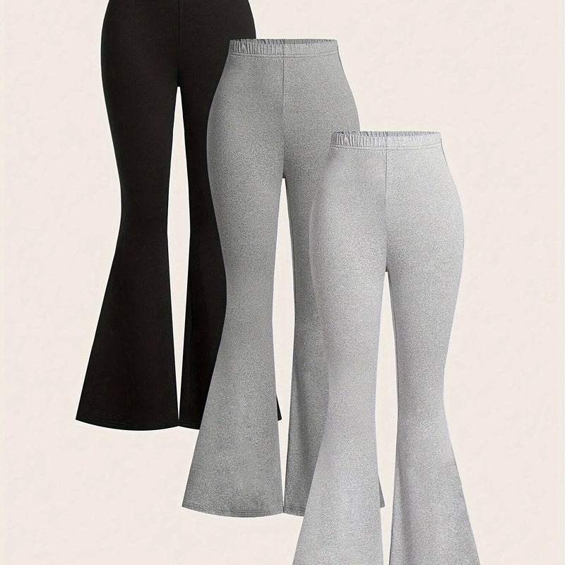 A Three-Piece Women's Solid Color High-Waisted Fitted Flared Pants Set.