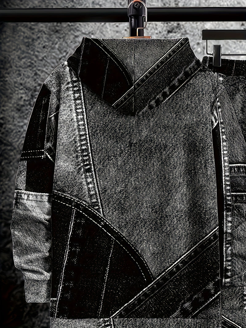 Men's Autumn Lettered Faux Denim Effect Hoodie And Sweatpants Two-Piece.