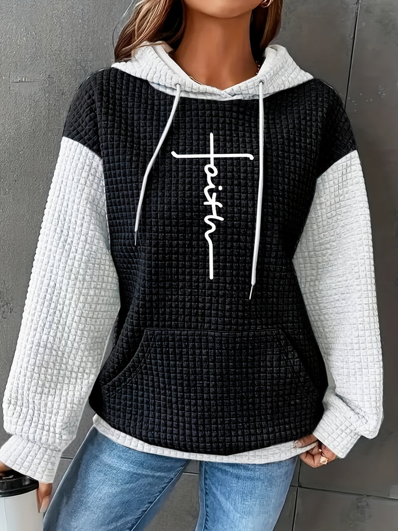 Women's Casual Oversized Hoodie with Checkered Texture & Letter Print.