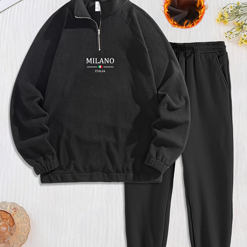 Men's Winter Set with Fleece-Lined Stand Collar Zip-Up Hoodie and Drawstring.