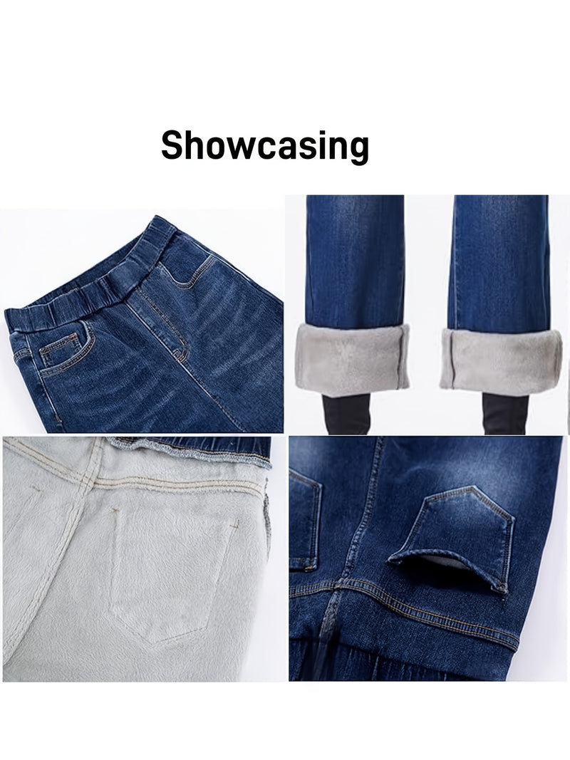 Autumn/Winter New Elastic Waistband Plush-Lined Straight-Leg Jeans for Women.