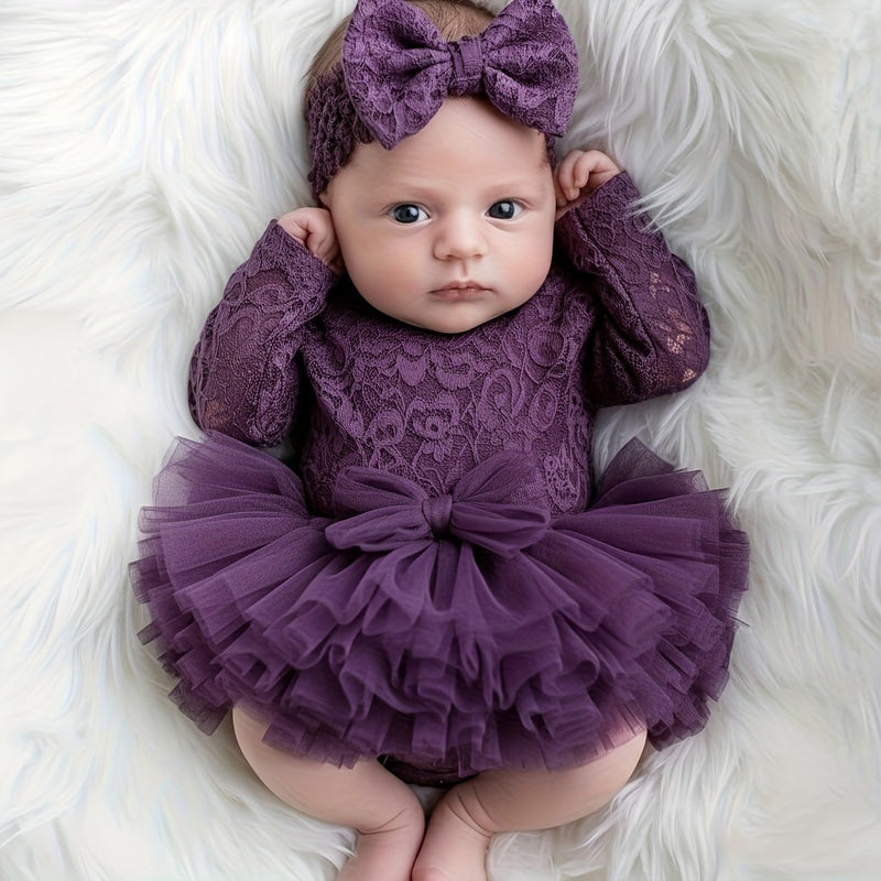 2pcs Purple Lace Bodysuit and Headband Set for Baby Girls.