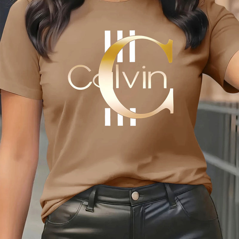 Women's Short-Sleeve Round-Neck T-Shirt with A-Z Letter Print.