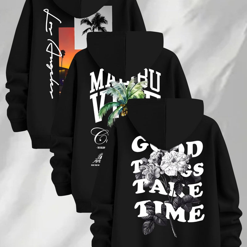 3pcs Trendy Print Sweatshirt, Men's Casual Hooded Sweatshirt.