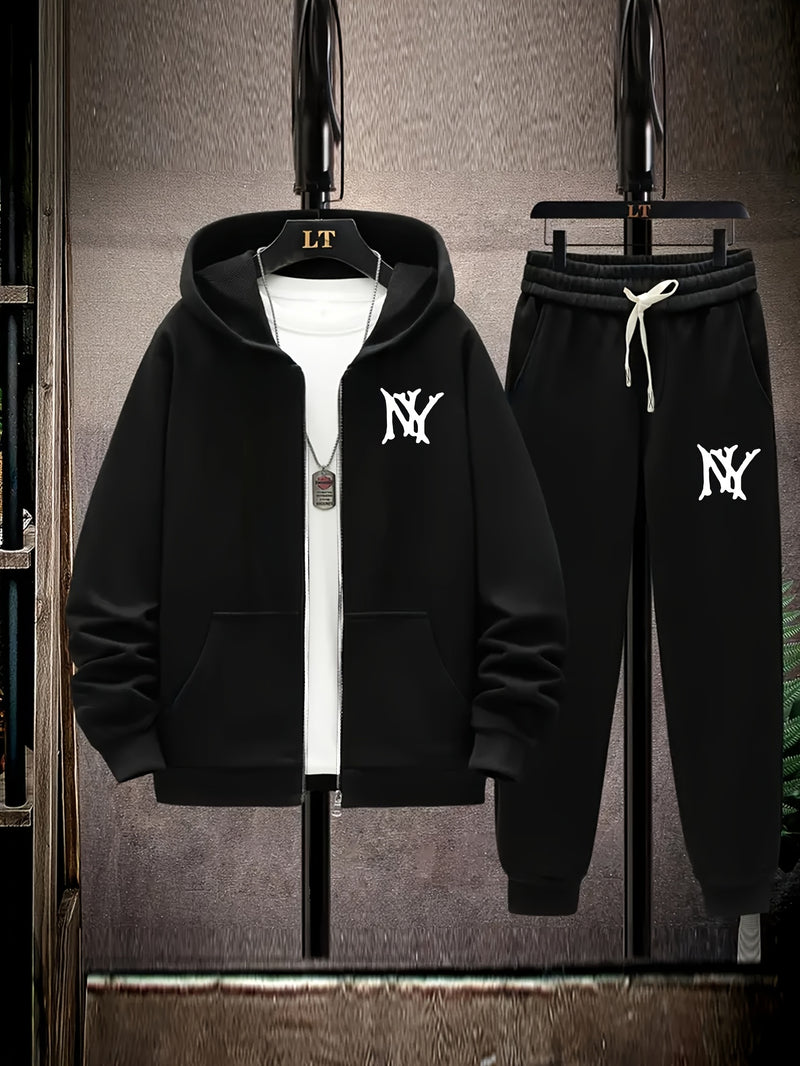 Hooded Zip-Up Jacket Set with NY Letter Prints on The Front And Back.