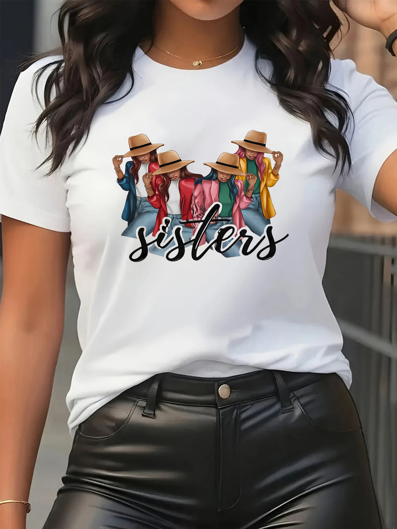 Ladies Sister Printed Short-Sleeve Round-Neck T-Shirt.