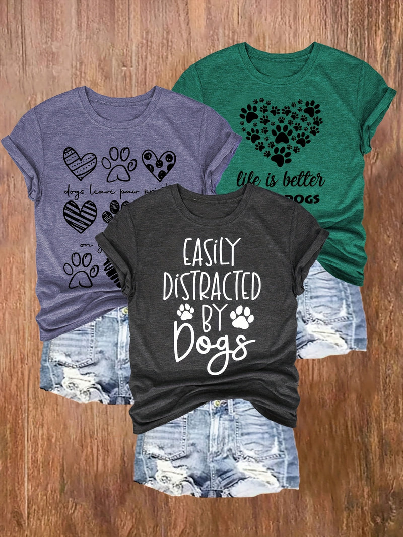 3pcs Women's Casual Dog Lover Graphic T-Shirts.