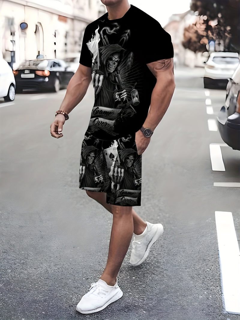 Men's Color Block Logo Skull Print 3D Pattern Summer Casual Sportswear Set.