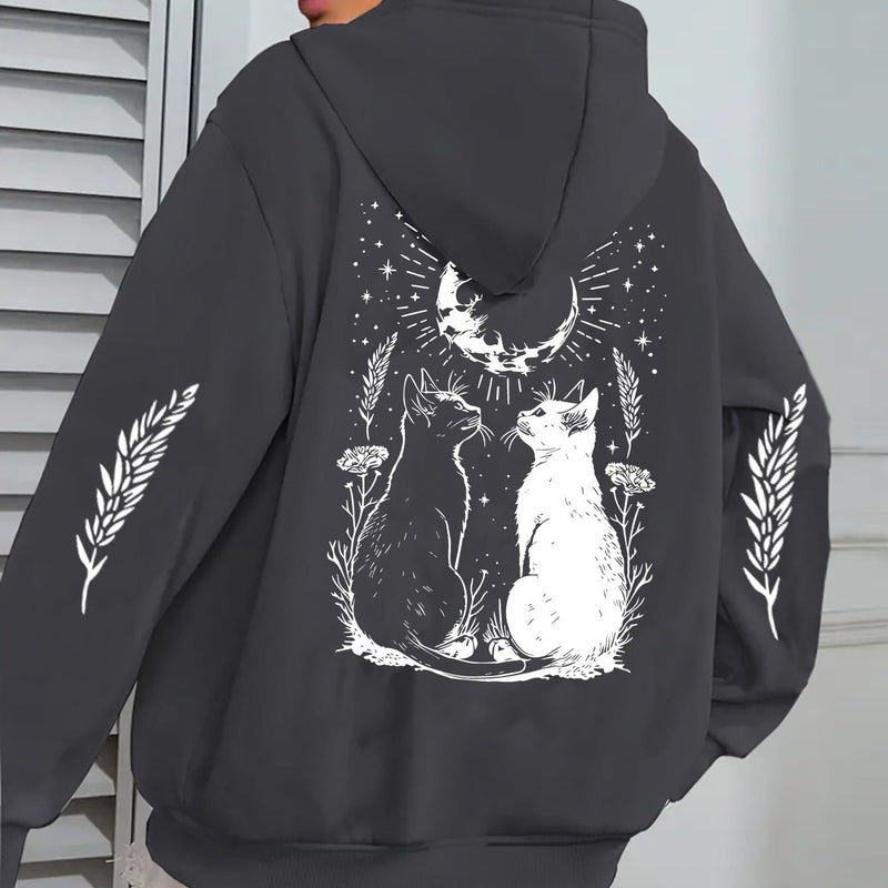 Cat Print Casual Zip-up Hoodie with Pockets.