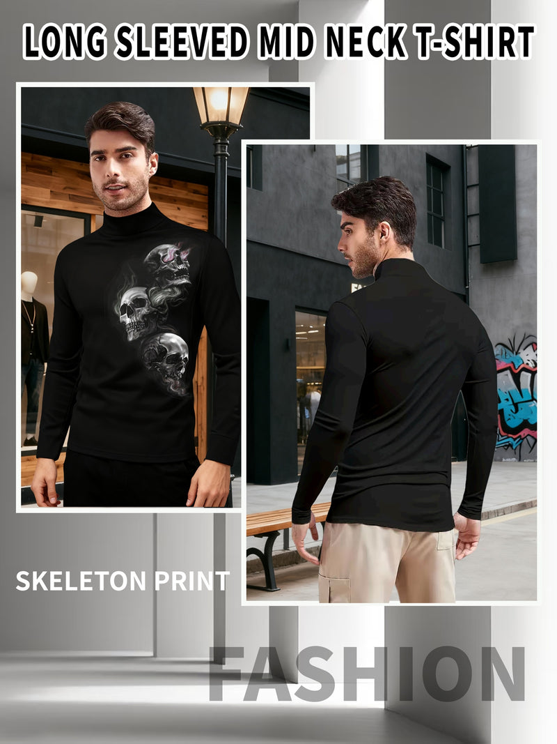 Men's Fall Three Skull Print Casual Comfort Long Sleeve Crew Neck T-Shirt.