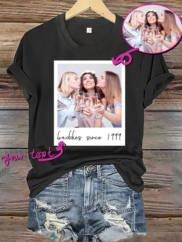 Women’s Custom Polaroid Photo & Text Commemorative T-Shirt.