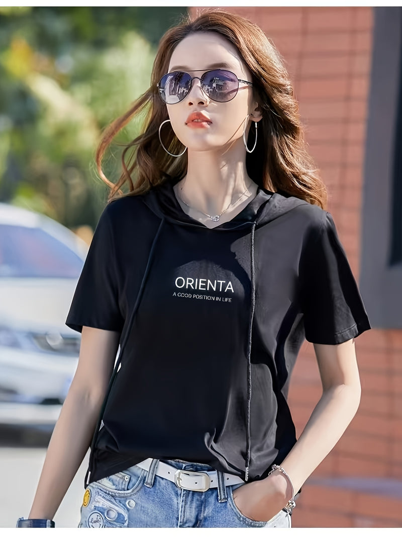 Summer New Korean Version Loose Short Sleeve Thin Trendy Printed Hooded T-Shirt for Women.