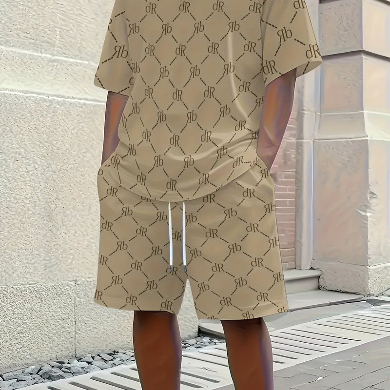 Men's Casual Two-Piece Set Featuring Short Sleeves with English Letter Prints.