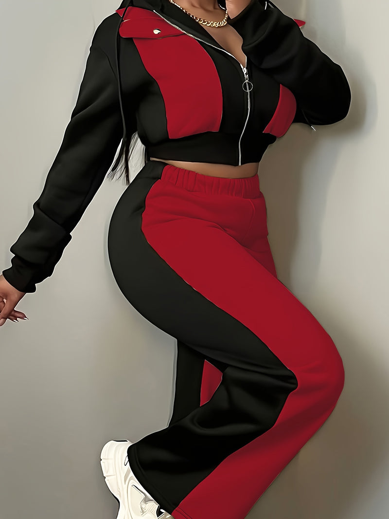 Women’s Fashion Color Block Hooded Sweatshirt and Pants Set.