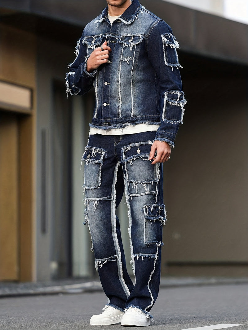 Men's High Street Style Distressed Raw Hem Patchwork Denim Set.