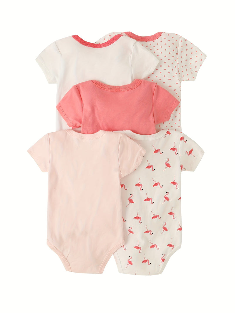 5pcs Newborn Baby Girl Bodysuit Set, Cute Casual Romper with Embroidery.