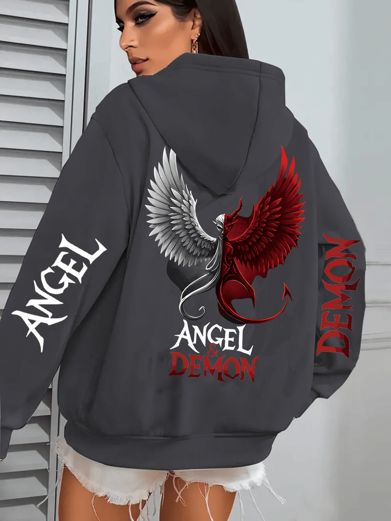 Hooded Sweatshirt with Angel and Demon Print.