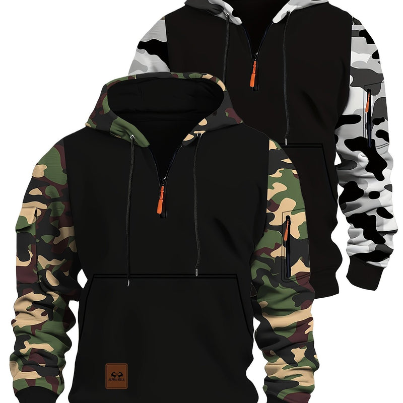 Men’s A Set of Two Trendy Camouflage Hoodies with a Half-Zip Design.