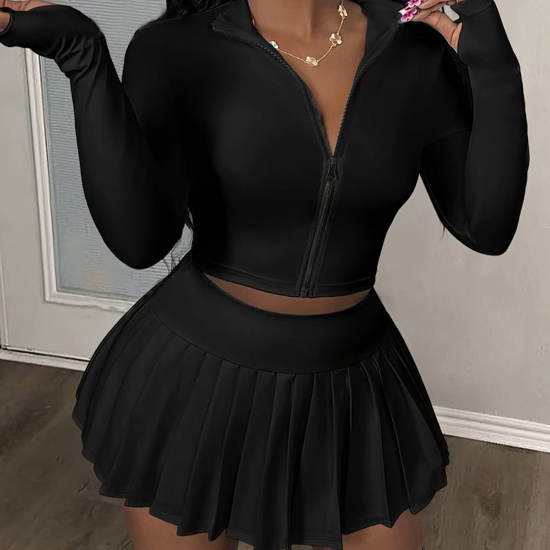 2pcs Women'S Casual V-Neck Zip-Up Top And Pleated Mini Skirt Set.