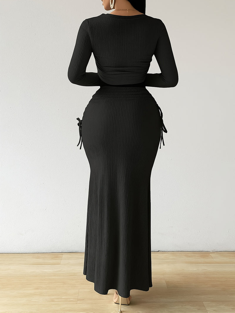 Women's 2pcs Long Sleeve V-Neck Top + Mid-Length Waist-Cinching Side-Tie.