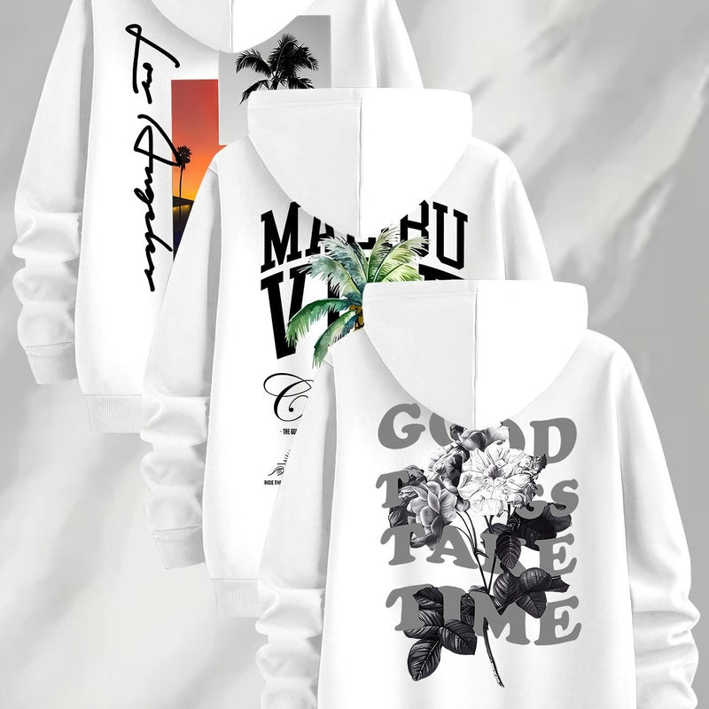 3pcs Trendy Print Sweatshirt, Men's Casual Hooded Sweatshirt.
