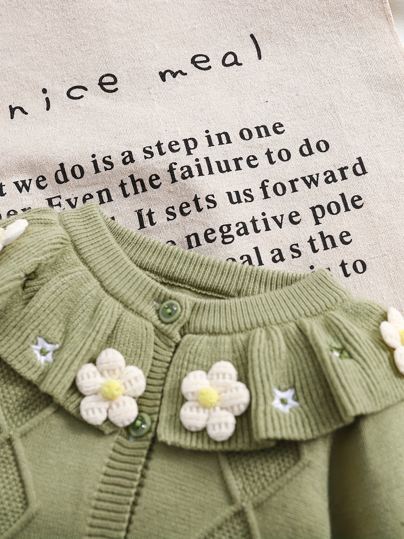 Infant Baby Girl Ruffle Collar White Floral Embroidery Cardigan.