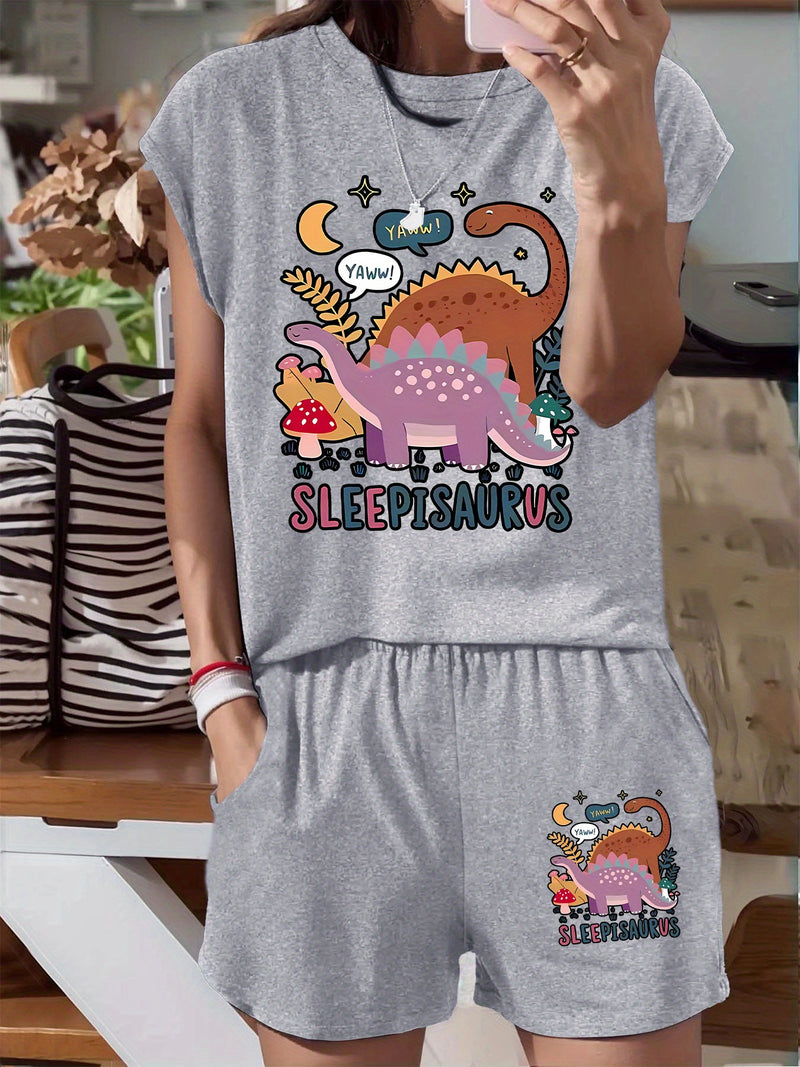 Women's Casual Sleeping Dinosaur Graphic Tee and Shorts.