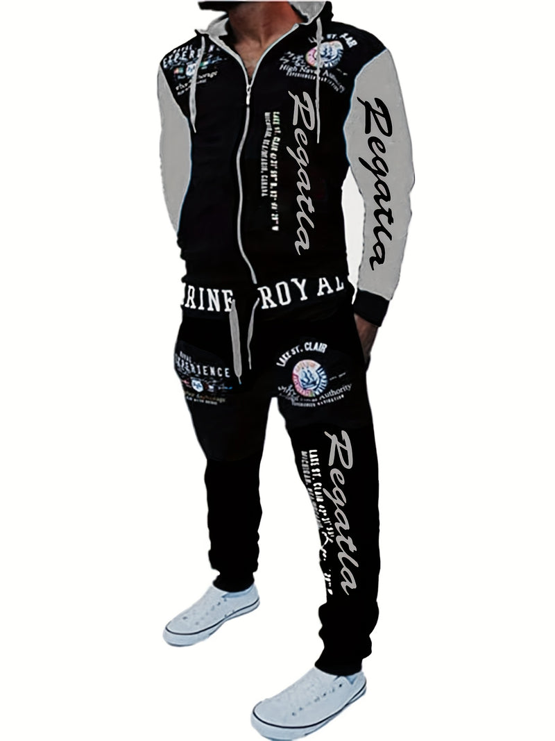 Men's Hooded Letter Print Tracksuit, 2pcs Casual Sports Set.