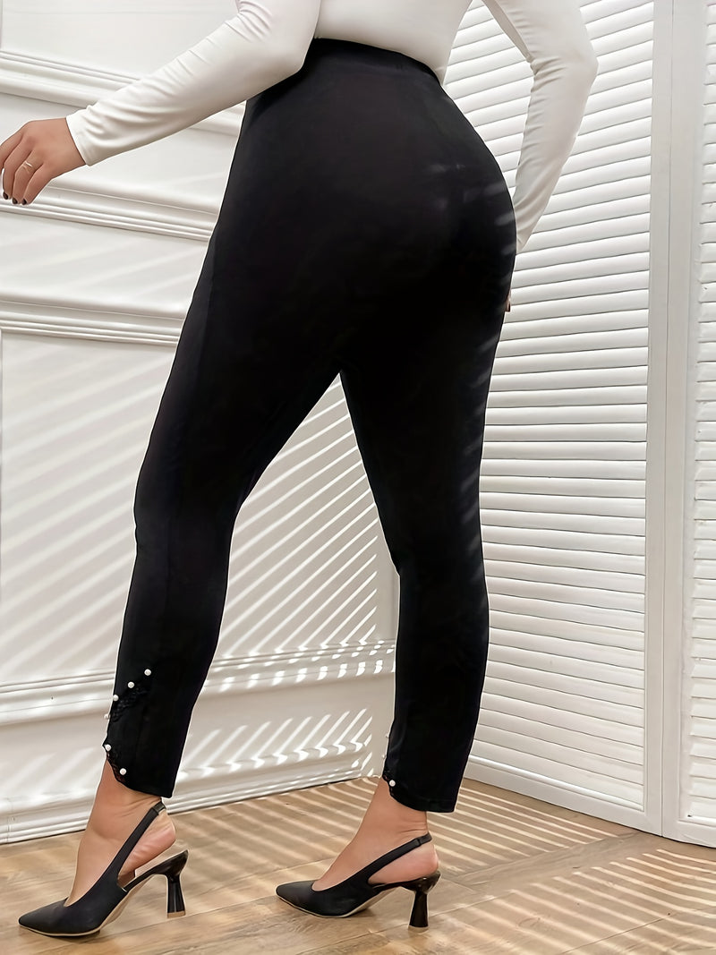 Women’s Elegant Solid Color Plus-Size Pants with Pearl Lace Trim.
