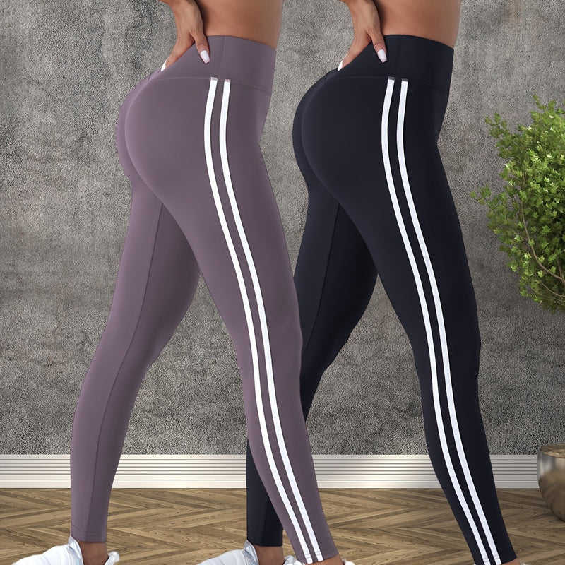 2pcs Women's Side Stripe Yoga Pants, High-Waisted Outdoor Sports Leggings.