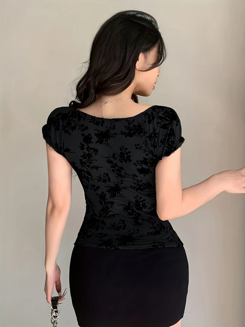 Women's Summer Square Neck Ruffled Floral Mesh Short Sleeve T-Shirt.