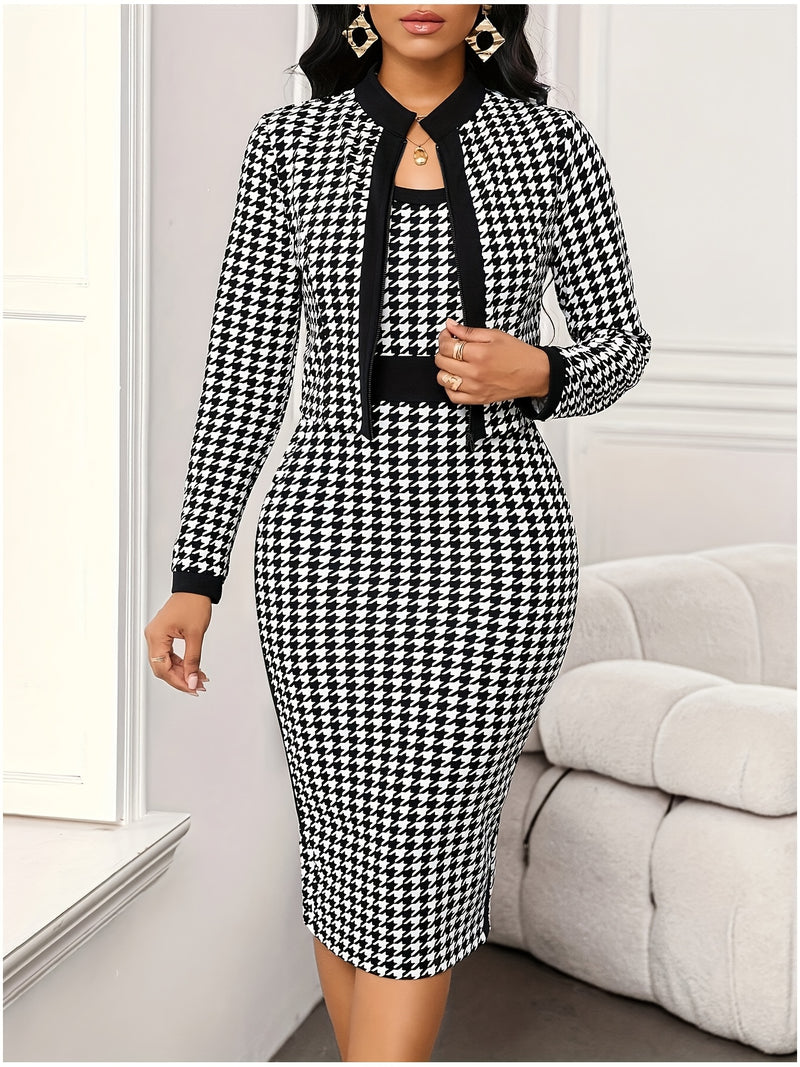 Women’s Houndstooth Commuter Fashion Pencil Dress Set.