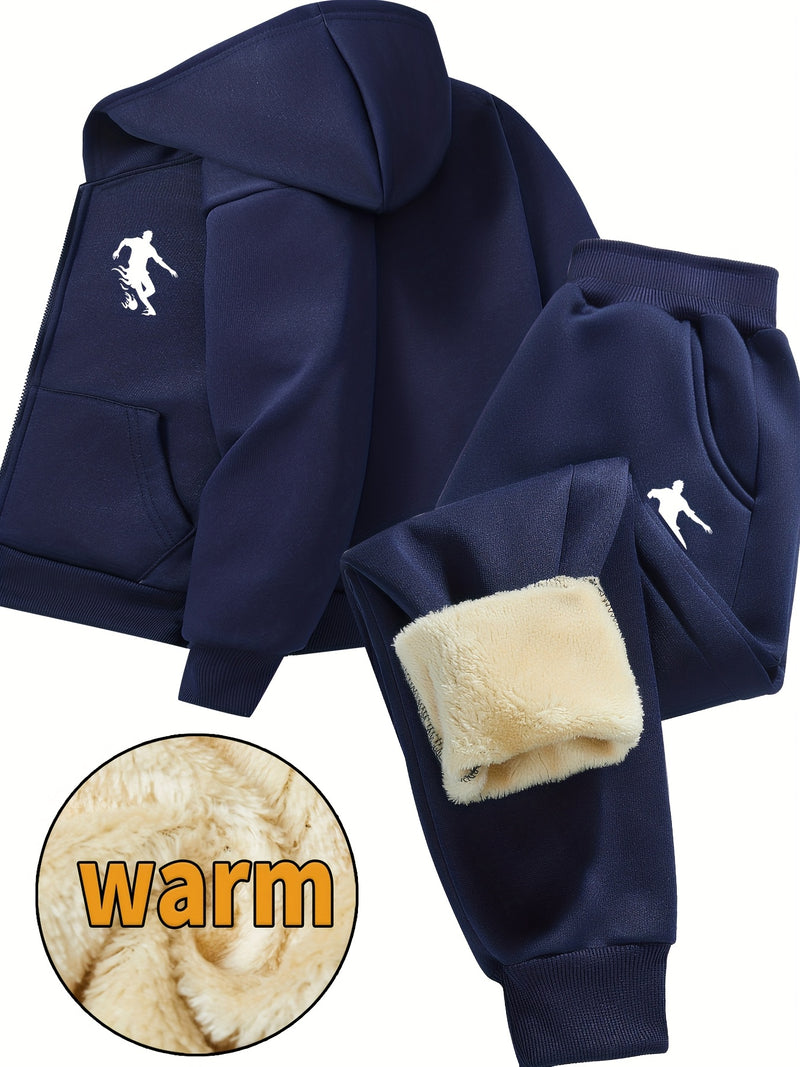 Boys Thick Plush-Lined Zip-Up Jacket + Pants Set.