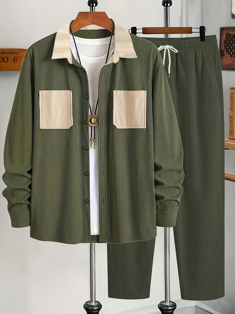 Men's Corduroy Outfit Set, Contrast Lapel Shirt Jacket + Simple Restraint Pants.